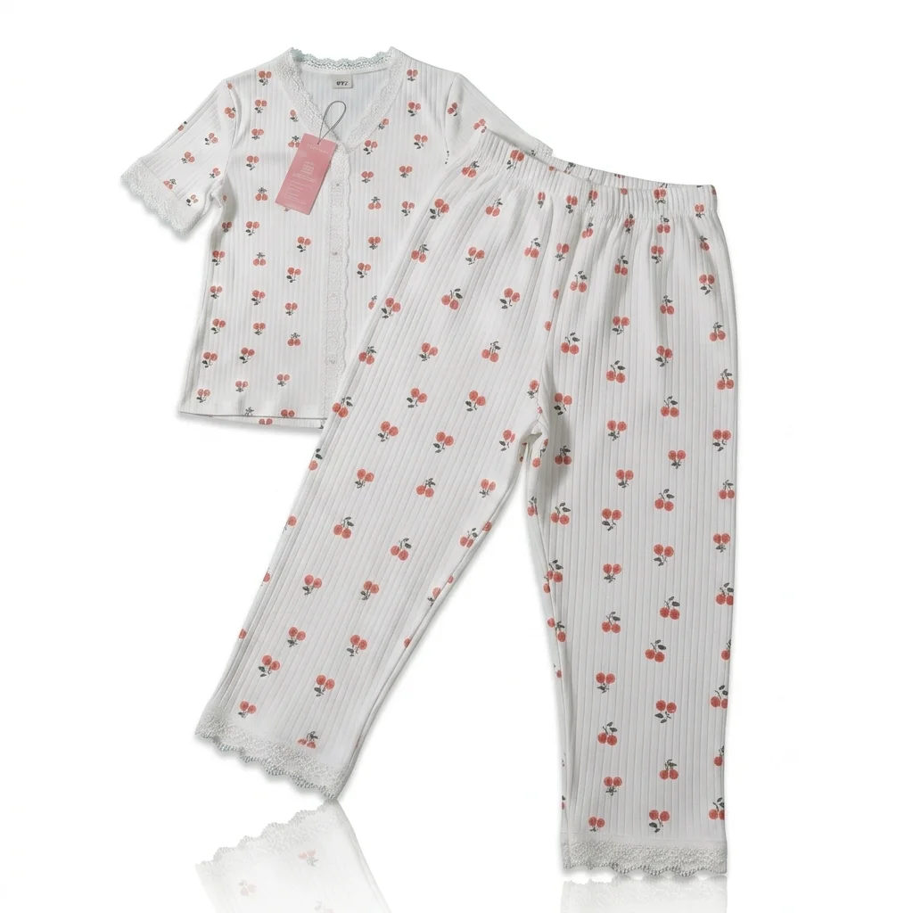 Valene Cherry Blossom Co-Ord Nighty White & Red – Soft Sleepwear Set