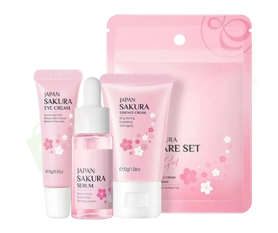 Laikou Japan Sakura Skincare Set – 3pcs | Brightening, Hydrating & Anti-Aging Face Care