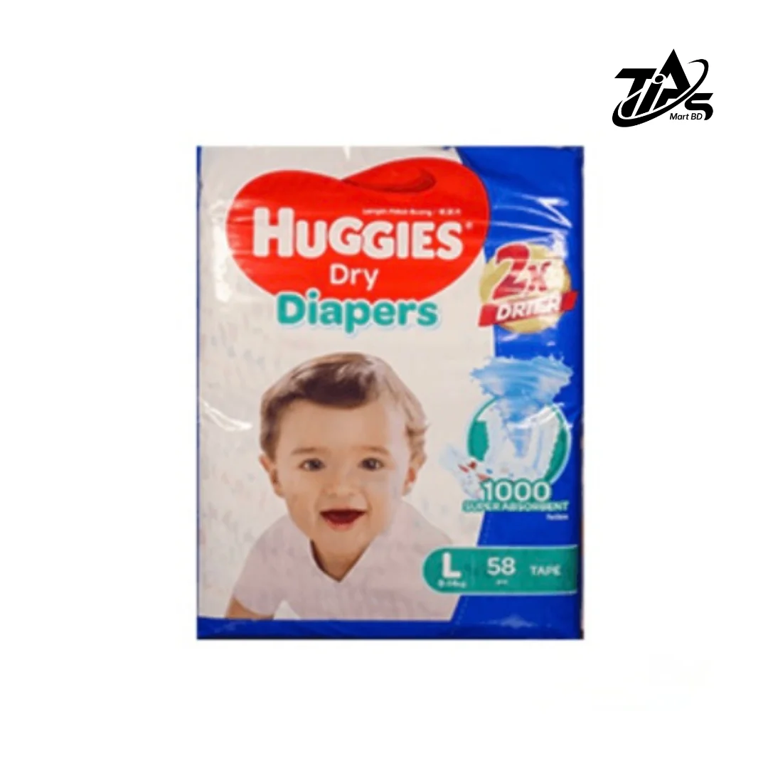 Huggies Dry Diapers L, 58pcs pack, Nappy Size: 9 to 14 kg