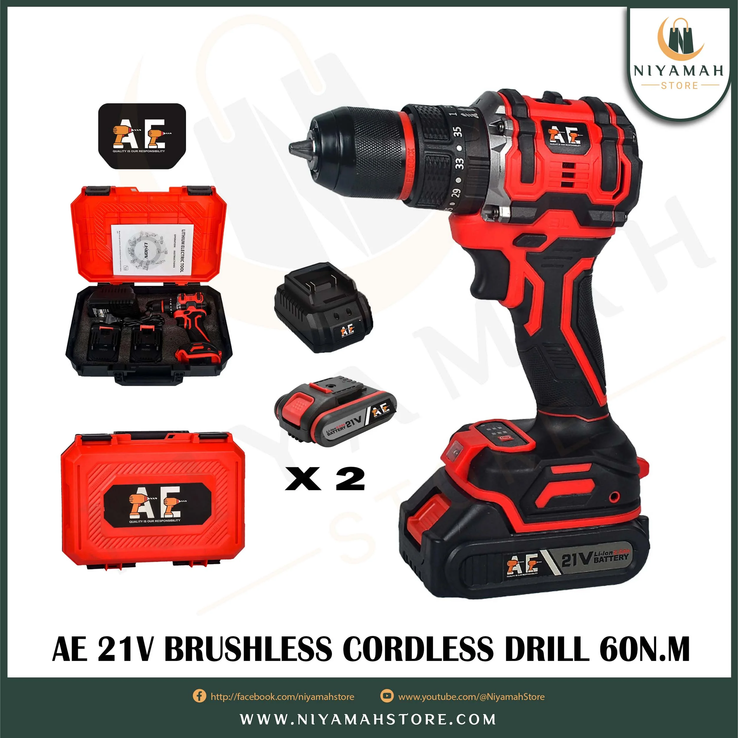 AE 21V Brushless Cordless Drill Machine (Genuine 21V 2.0AH Double Battery)
