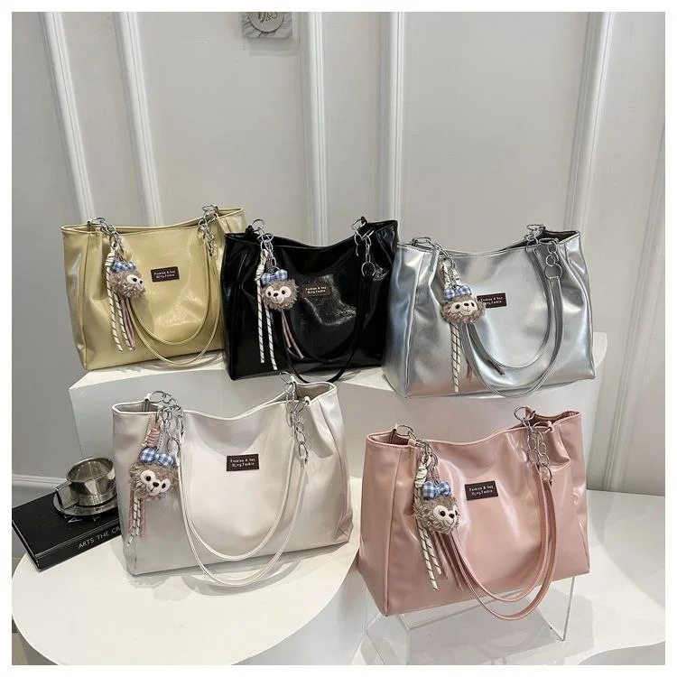 Women's Glossy PU Leather Tote Shoulder Bag with Cute Bear Charm