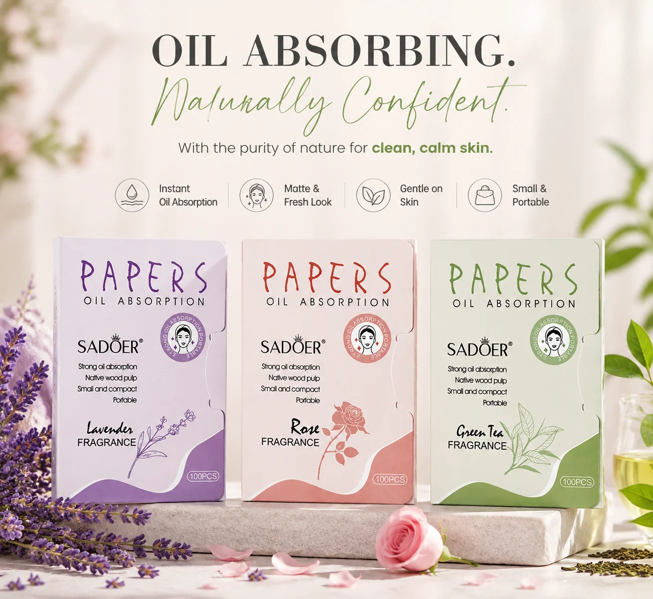 SADOER Facial Oil Absorption Napkins – Matte & Fresh Look (Green Tea / Lavender / Rose)