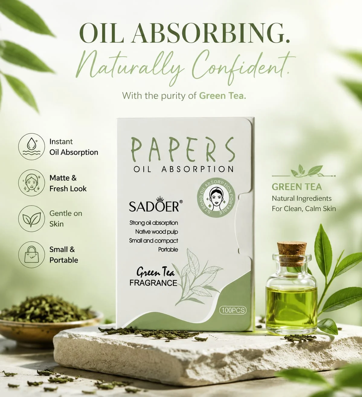 SADOER Facial Oil Absorption Napkins – Matte & Fresh Look (Green Tea / Lavender / Rose) image 2