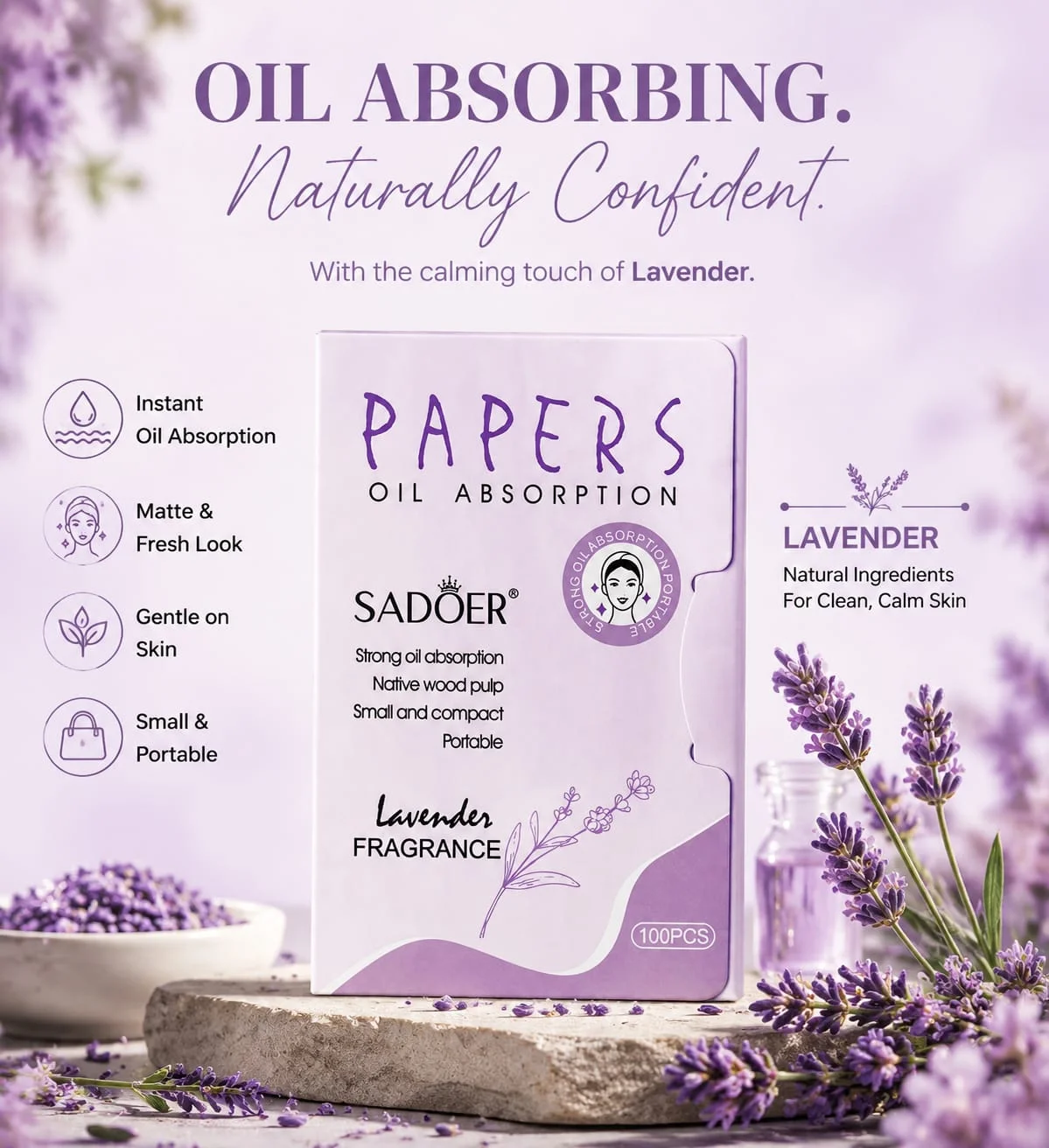 SADOER Facial Oil Absorption Napkins – Matte & Fresh Look (Green Tea / Lavender / Rose) image 3
