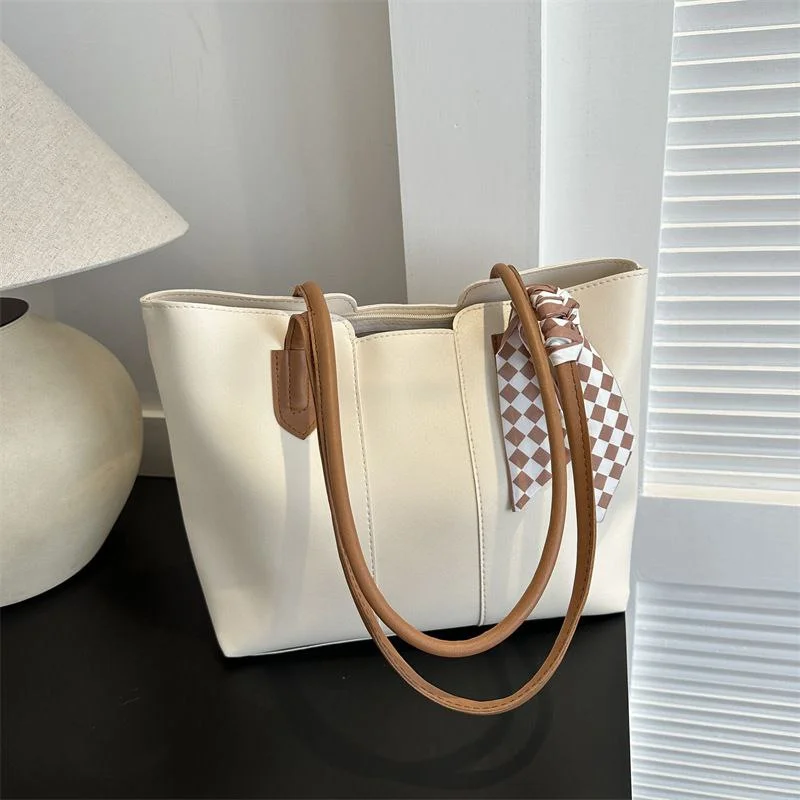 Women's Minimalist PU Leather Tote Bag with Scarf