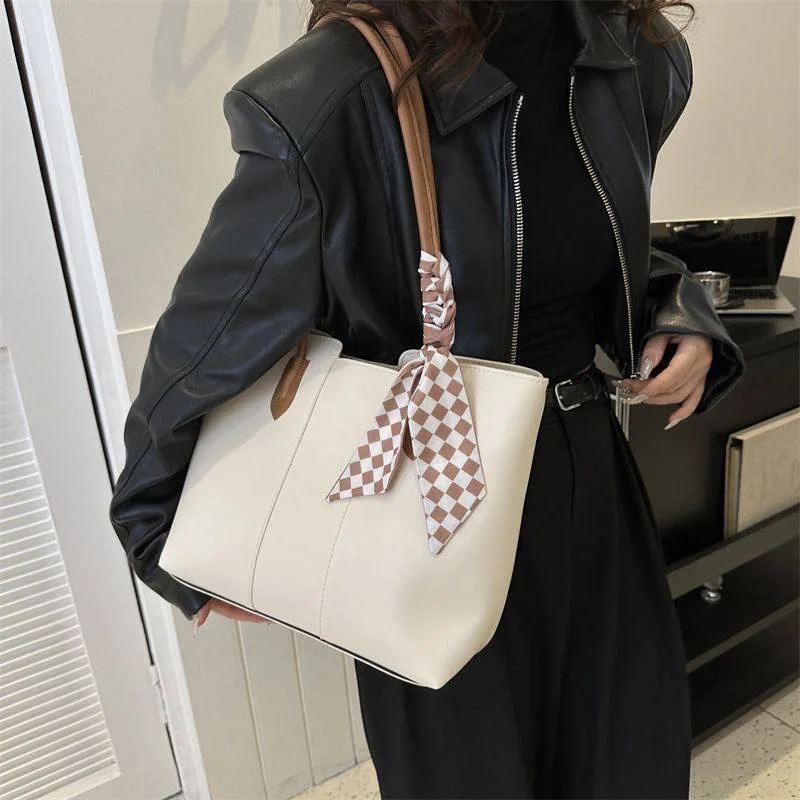 Women's Minimalist PU Leather Tote Bag with Scarf image 4