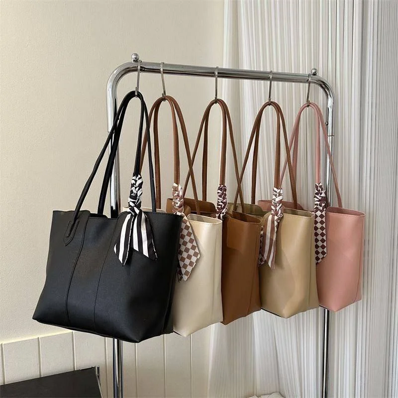 Women's Minimalist PU Leather Tote Bag with Scarf image 2
