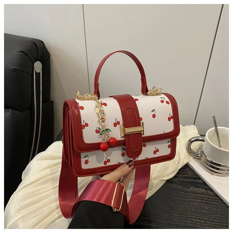 Cherry-Print Satchel Handbag with Matching Trim and Charm image 2