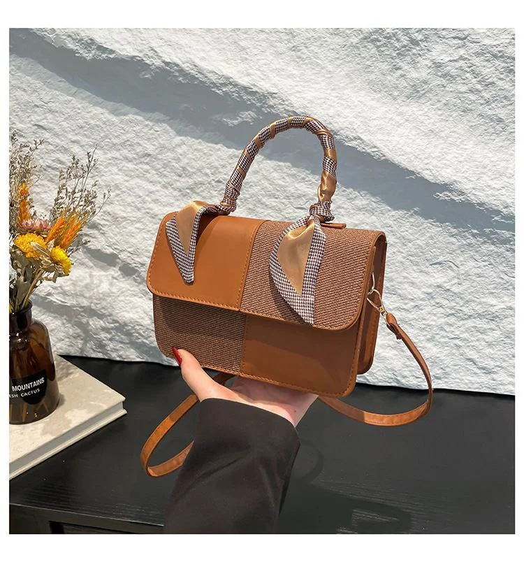Chic Color-Block Satchel with Scarf-Wrapped Handle image 5