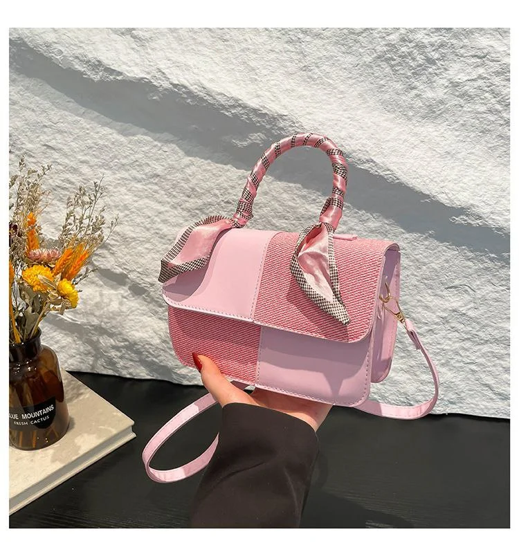 Chic Color-Block Satchel with Scarf-Wrapped Handle image 6