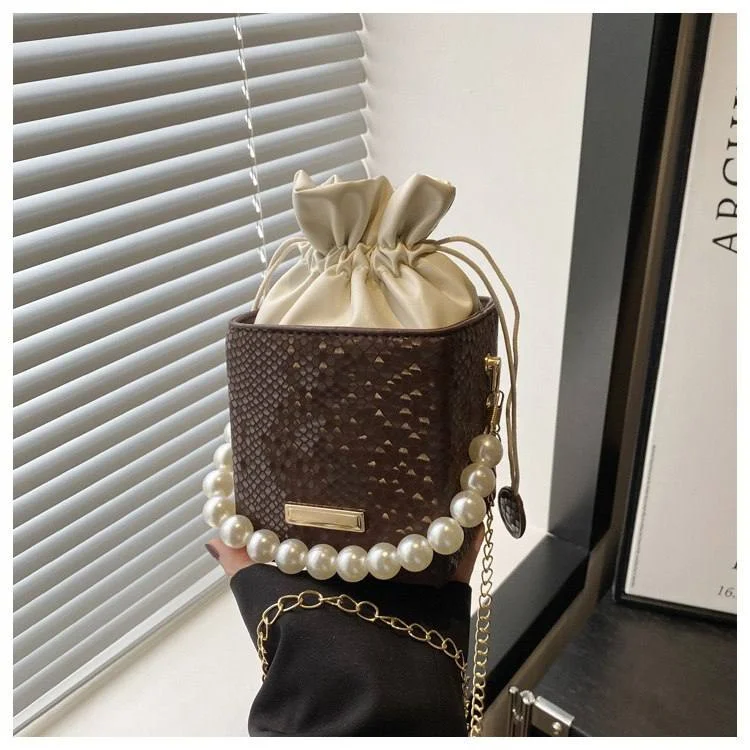 Elegant Pearl-Embellished Bucket Bag with Drawstring Closure image 2
