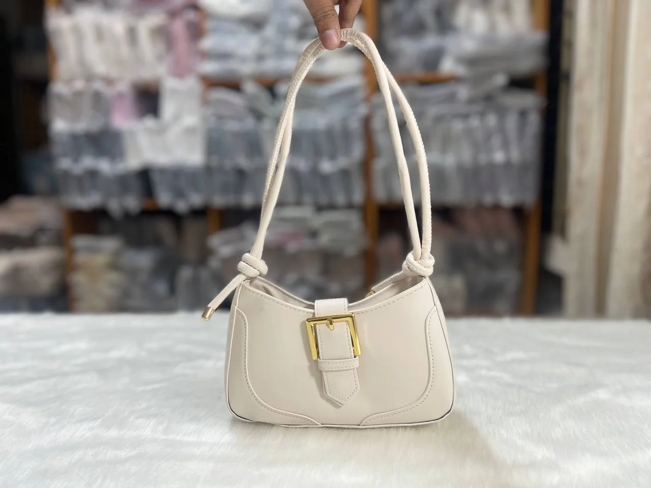 Minimalist Buckle-Detail Shoulder Bag with Knotted Strap