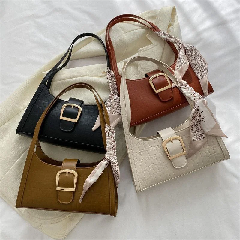 Elegant Buckle Shoulder Bag with Scarf for Women
