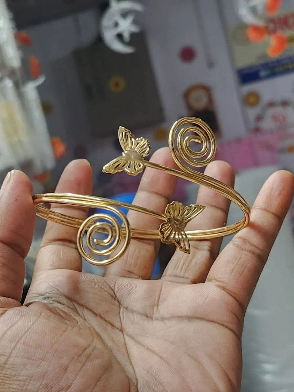 Gold Plated Adjustable Arm Bracelet for Women – Floral Open Cuff Upper Arm Bangle image 2