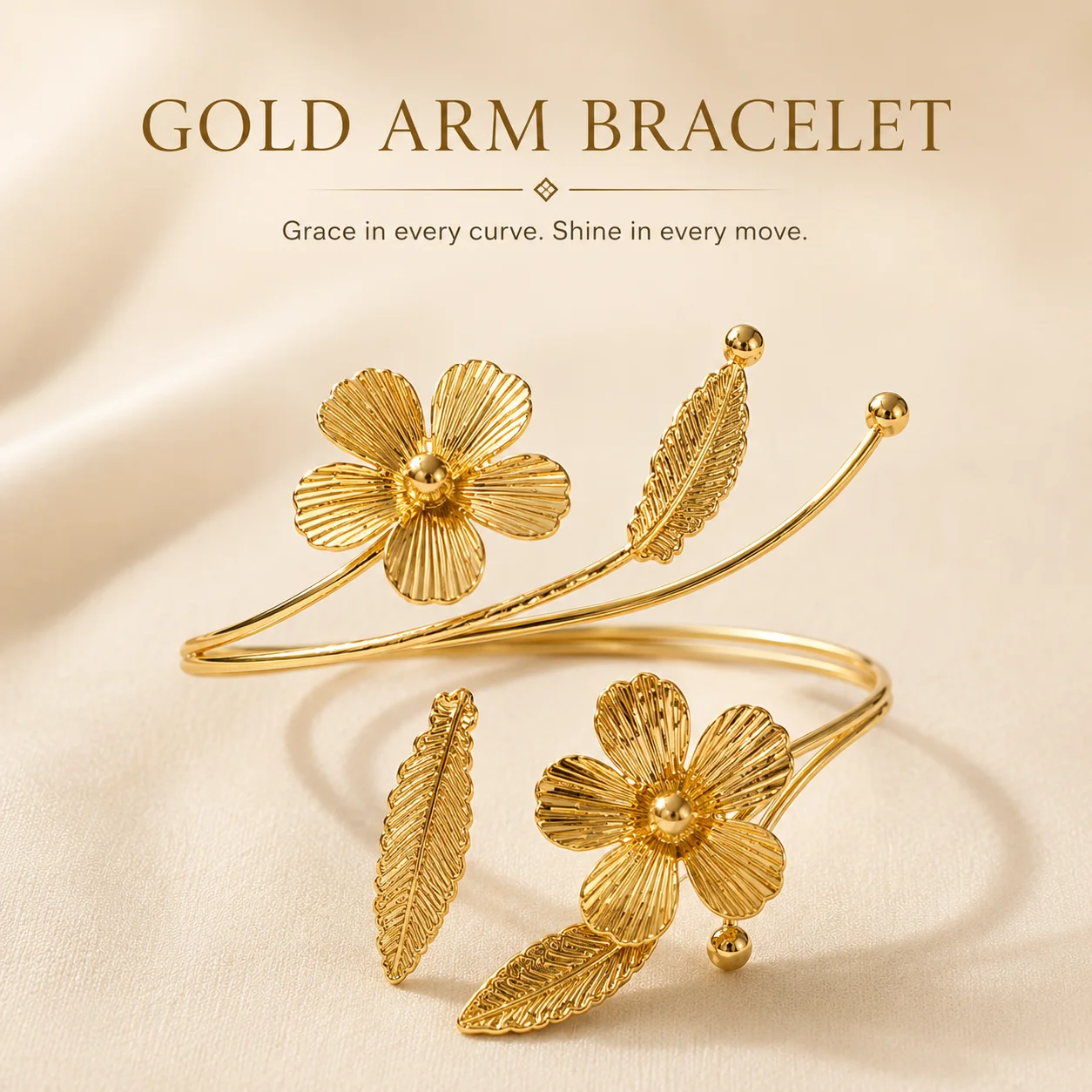 Gold Plated Adjustable Arm Bracelet for Women – Floral Open Cuff Upper Arm Bangle