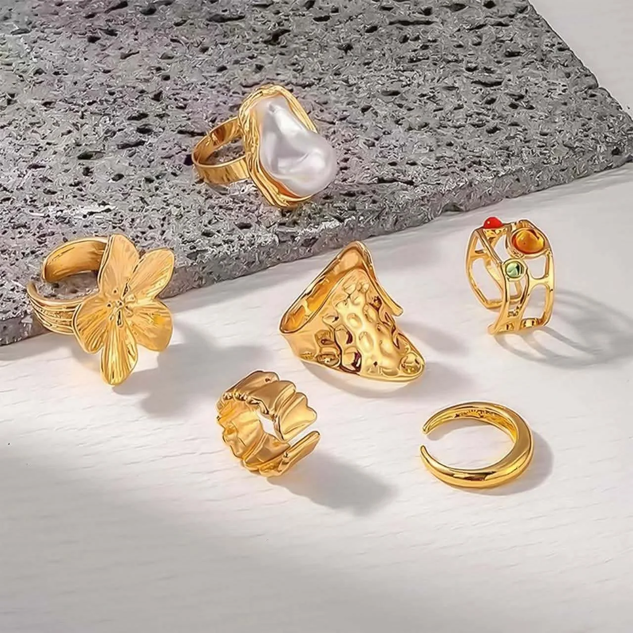 Vintage Gold-Plated Statement Ring Set for Women | Boho Floral Adjustable Finger Rings (7 Pieces) image 2