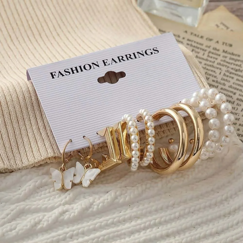 6 Pairs Gold-Plated Fashion Earrings Set for Women | Pearl & Butterfly Earrings image 2