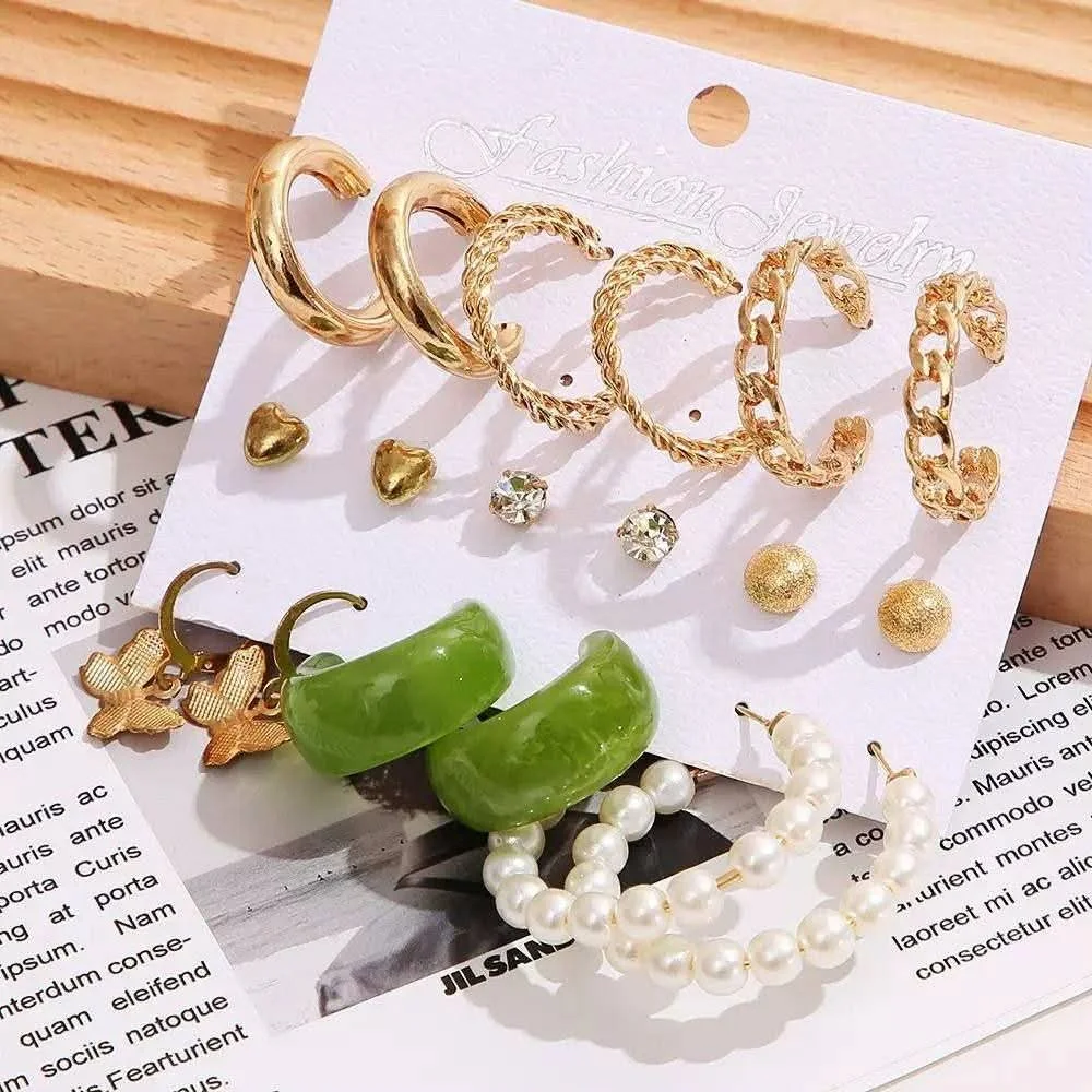 12 Pairs Gold-Tone Fashion Earrings Set for Women | Trendy Hoop & Pearl Earrings image 3