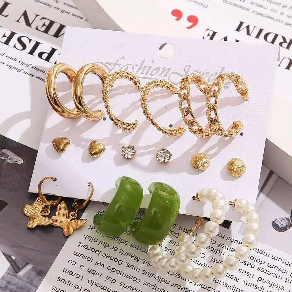 12 Pairs Gold-Tone Fashion Earrings Set for Women | Trendy Hoop & Pearl Earrings