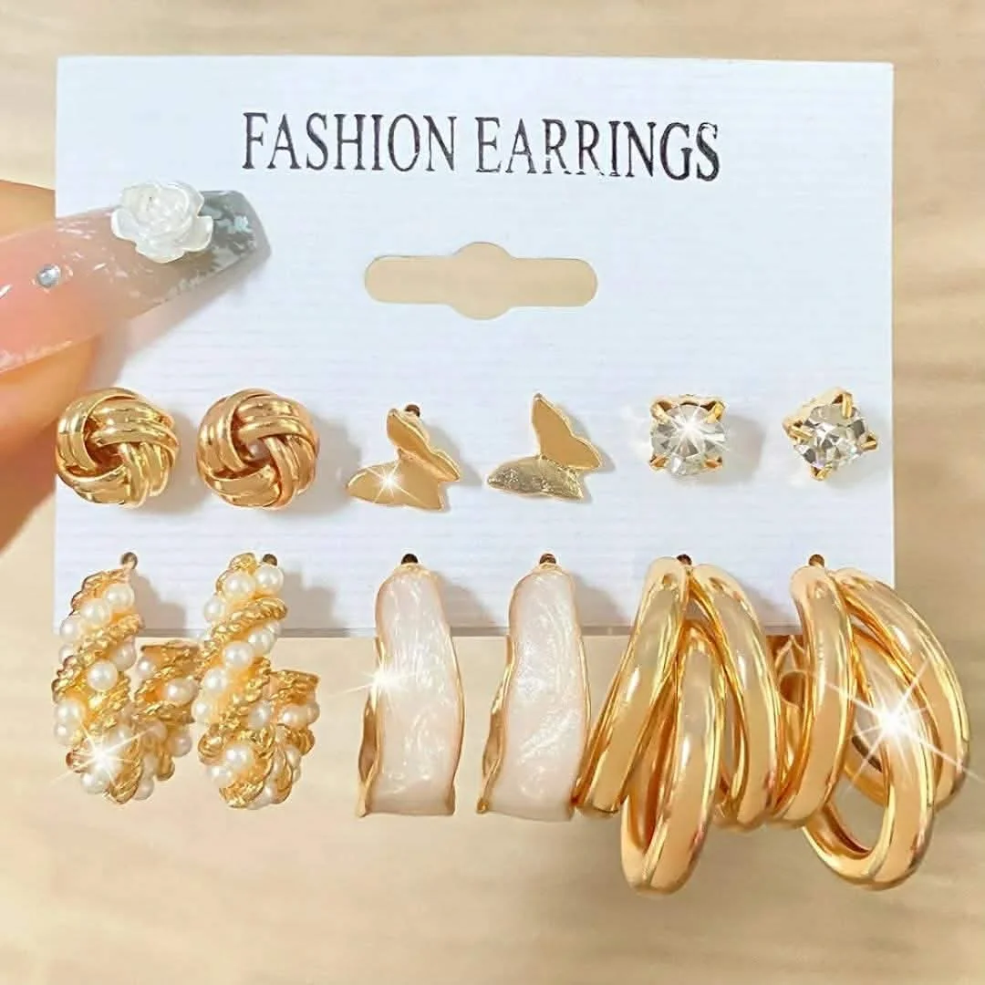 Pairs Gold-Tone Fashion Earrings Set for Women | Hoop, Pearl & Butterfly Earrings