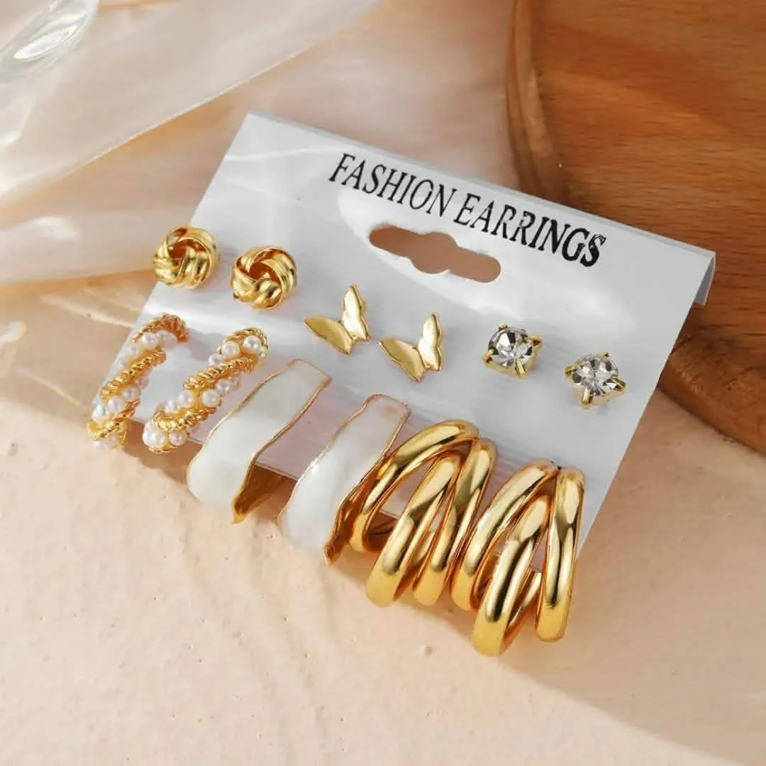 Pairs Gold-Tone Fashion Earrings Set for Women | Hoop, Pearl & Butterfly Earrings image 3