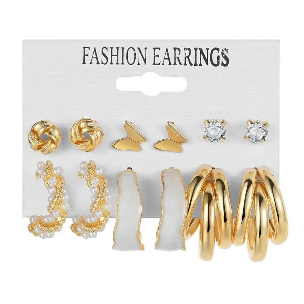 Pairs Gold-Tone Fashion Earrings Set for Women | Hoop, Pearl & Butterfly Earrings image 2