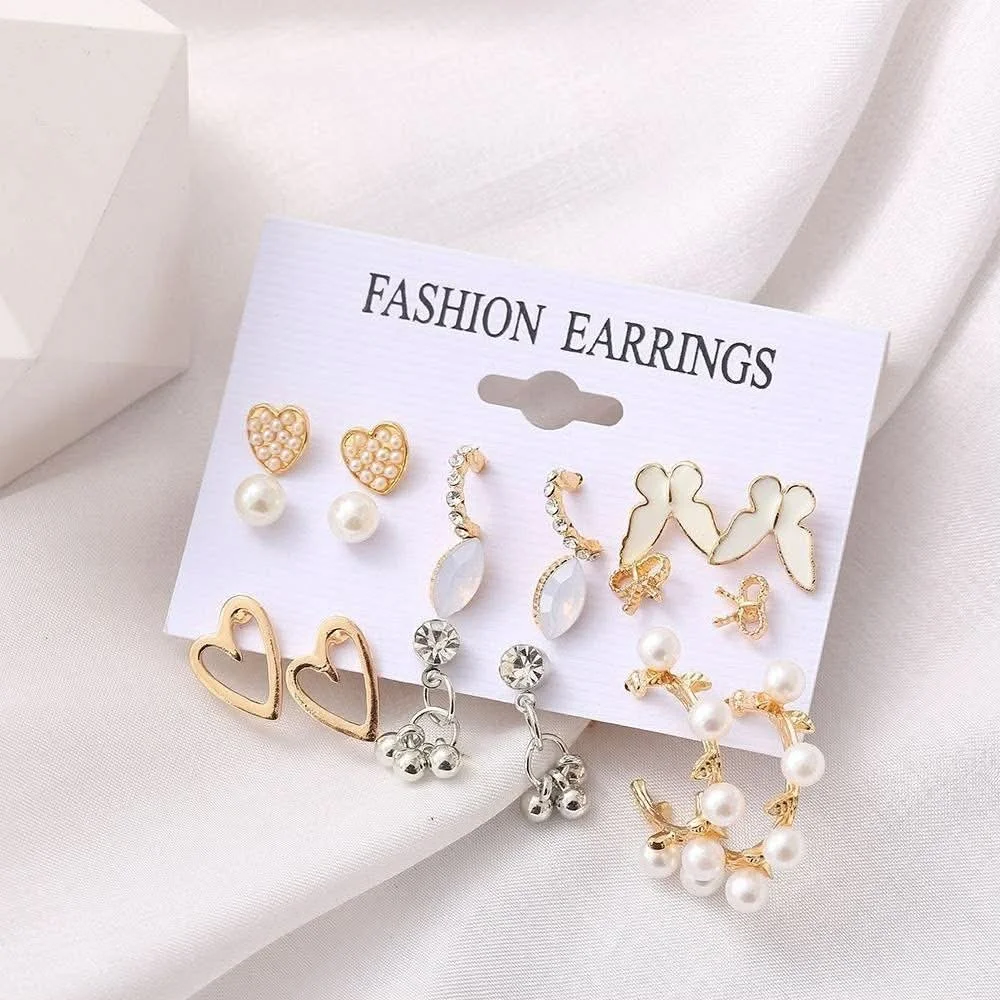 10 Pairs Gold-Tone Fashion Earrings Set for Women | Heart, Butterfly & Pearl Earrings