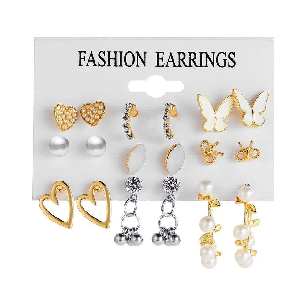 10 Pairs Gold-Tone Fashion Earrings Set for Women | Heart, Butterfly & Pearl Earrings image 2