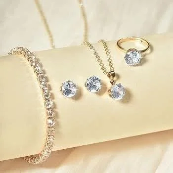 4 Pcs Crystal Jewelry Set for Women | Necklace, Earrings, Ring & Bracelet