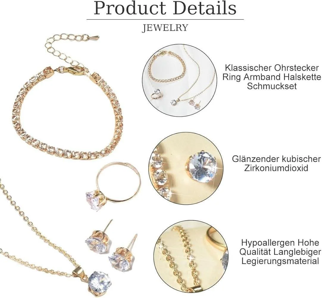 4 Pcs Crystal Jewelry Set for Women | Necklace, Earrings, Ring & Bracelet image 2