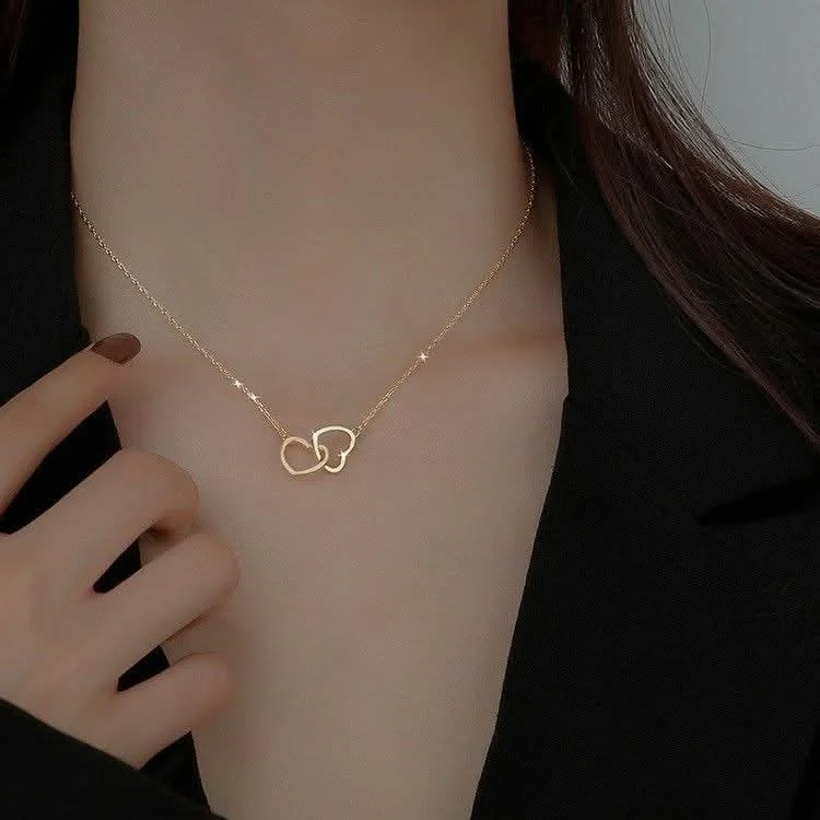 Double Heart Pendant Necklace for Women | Minimalist Gold-Tone Necklace