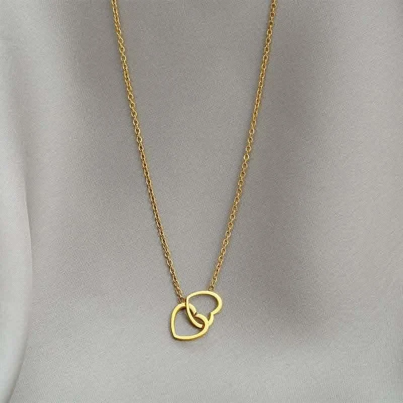 Double Heart Pendant Necklace for Women | Minimalist Gold-Tone Necklace image 2