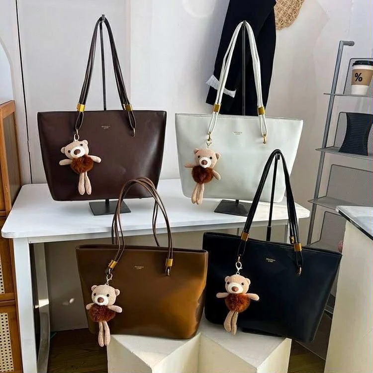 Classic Women's Tote Bag with Teddy Charm | Large PU Leather Shoulder Bag