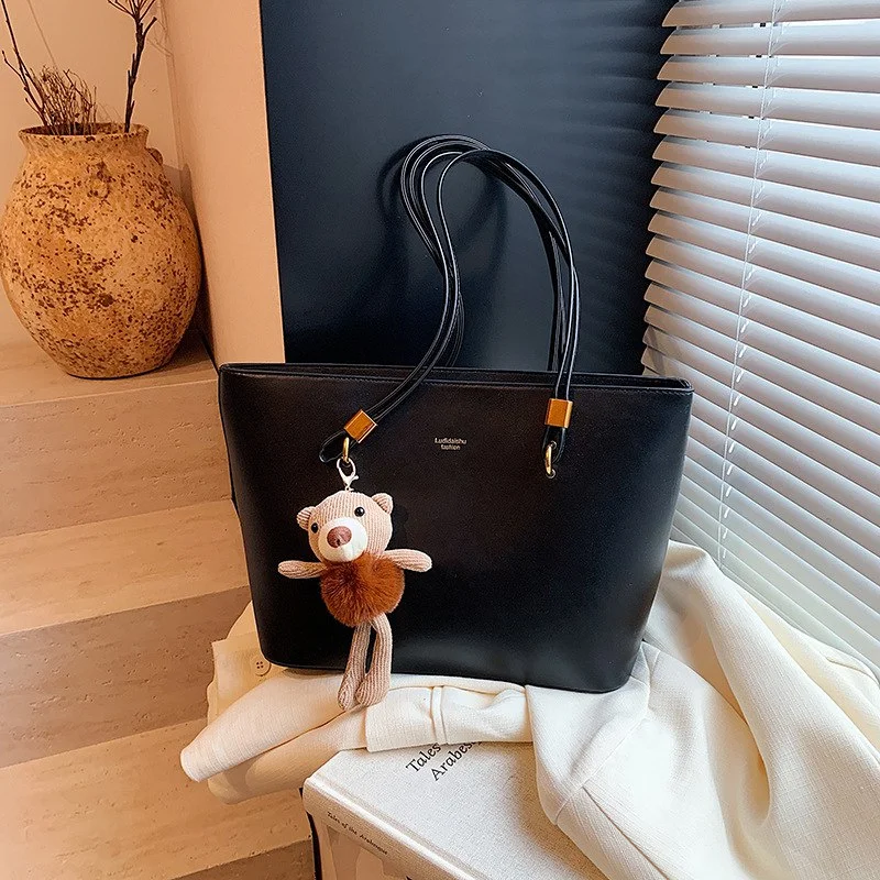 Classic Women's Tote Bag with Teddy Charm | Large PU Leather Shoulder Bag image 4