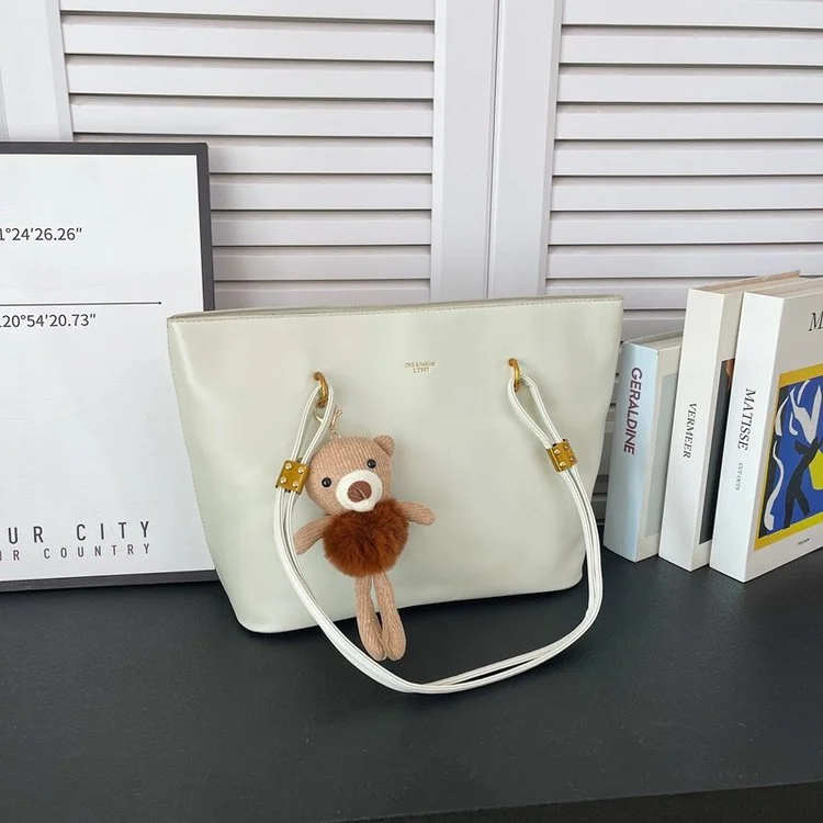 Classic Women's Tote Bag with Teddy Charm | Large PU Leather Shoulder Bag image 3