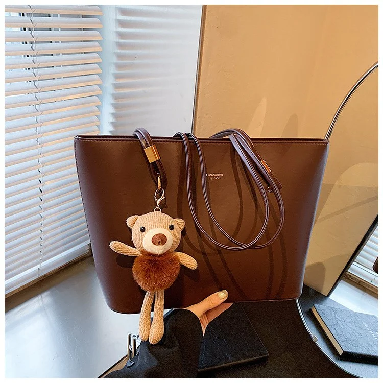 Classic Women's Tote Bag with Teddy Charm | Large PU Leather Shoulder Bag image 2