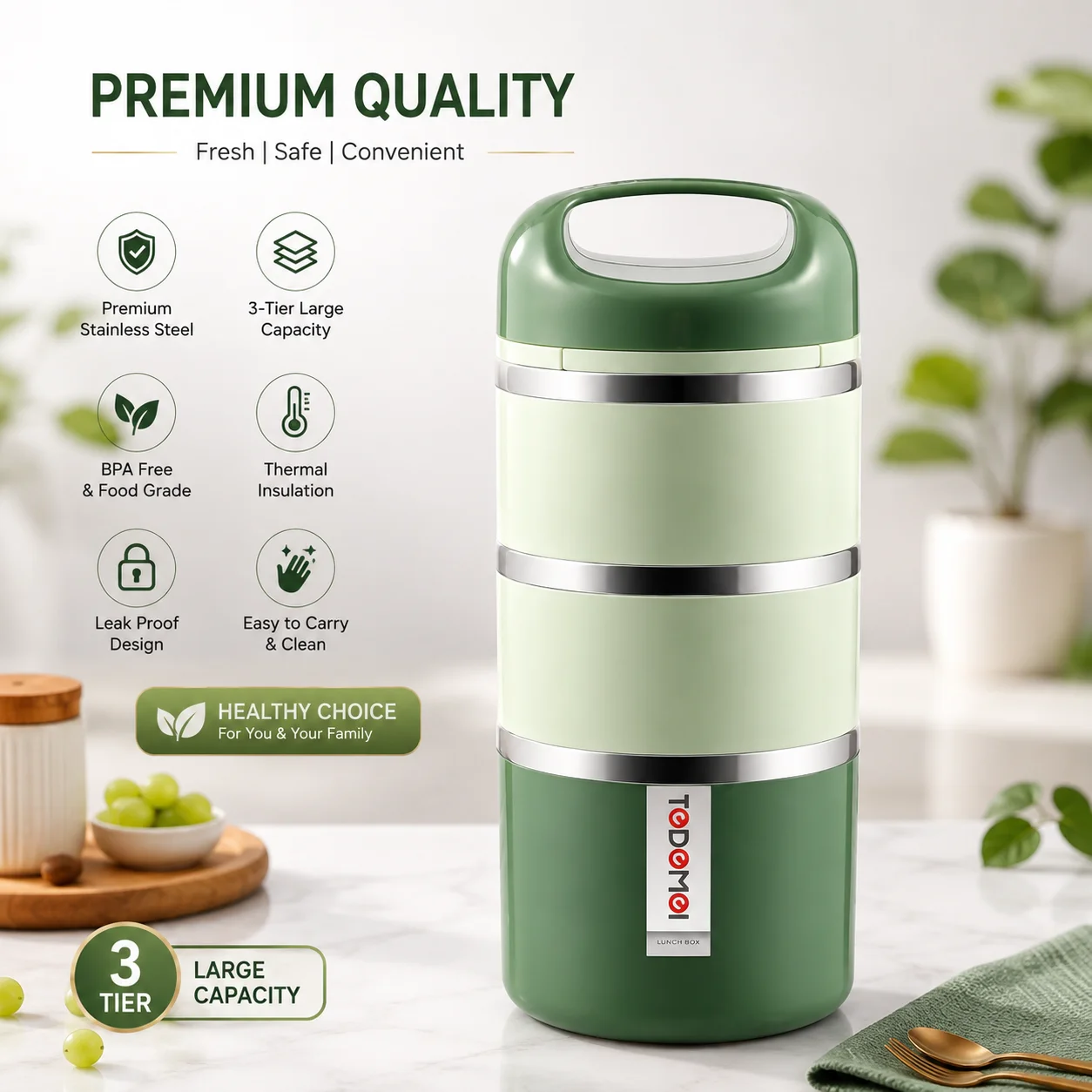 Tedemei 3 Layers 1.43L Portable Leak-Proof Bento Lunch Box