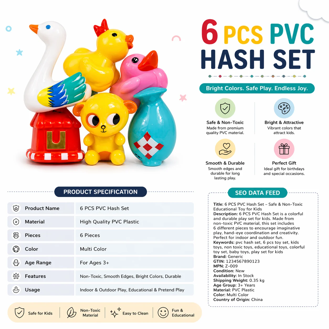 6 PCS PVC Baby Toy Set – Colorful Non-Toxic Kids Play Set