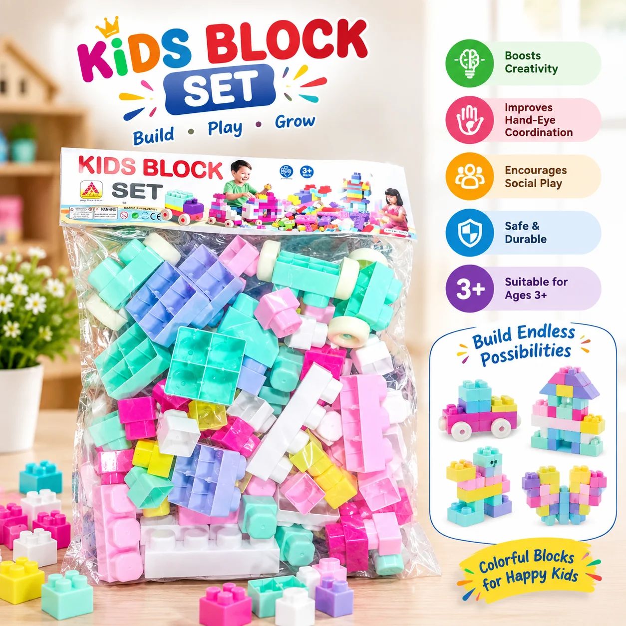 Kids Block Building Set – Colorful Construction Blocks for Kids