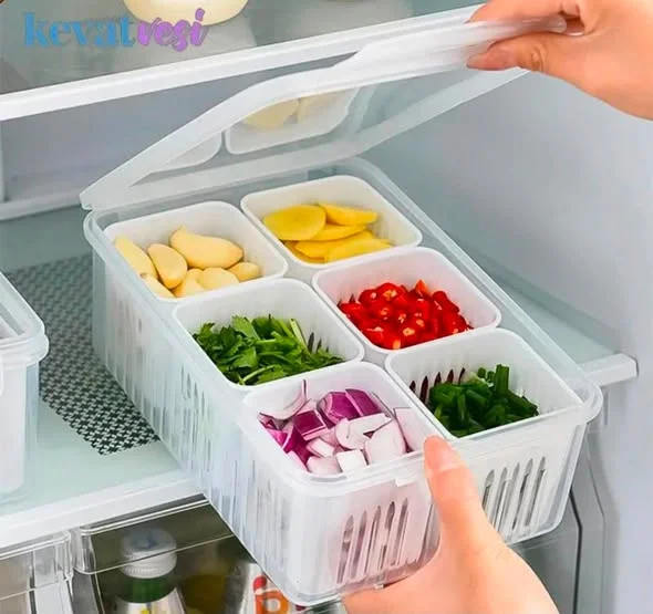 Square compartmentalized scallion and ginger storage box, kitchen scallion, ginger, and garlic storage box, drainable, household refrigerator fruit box
