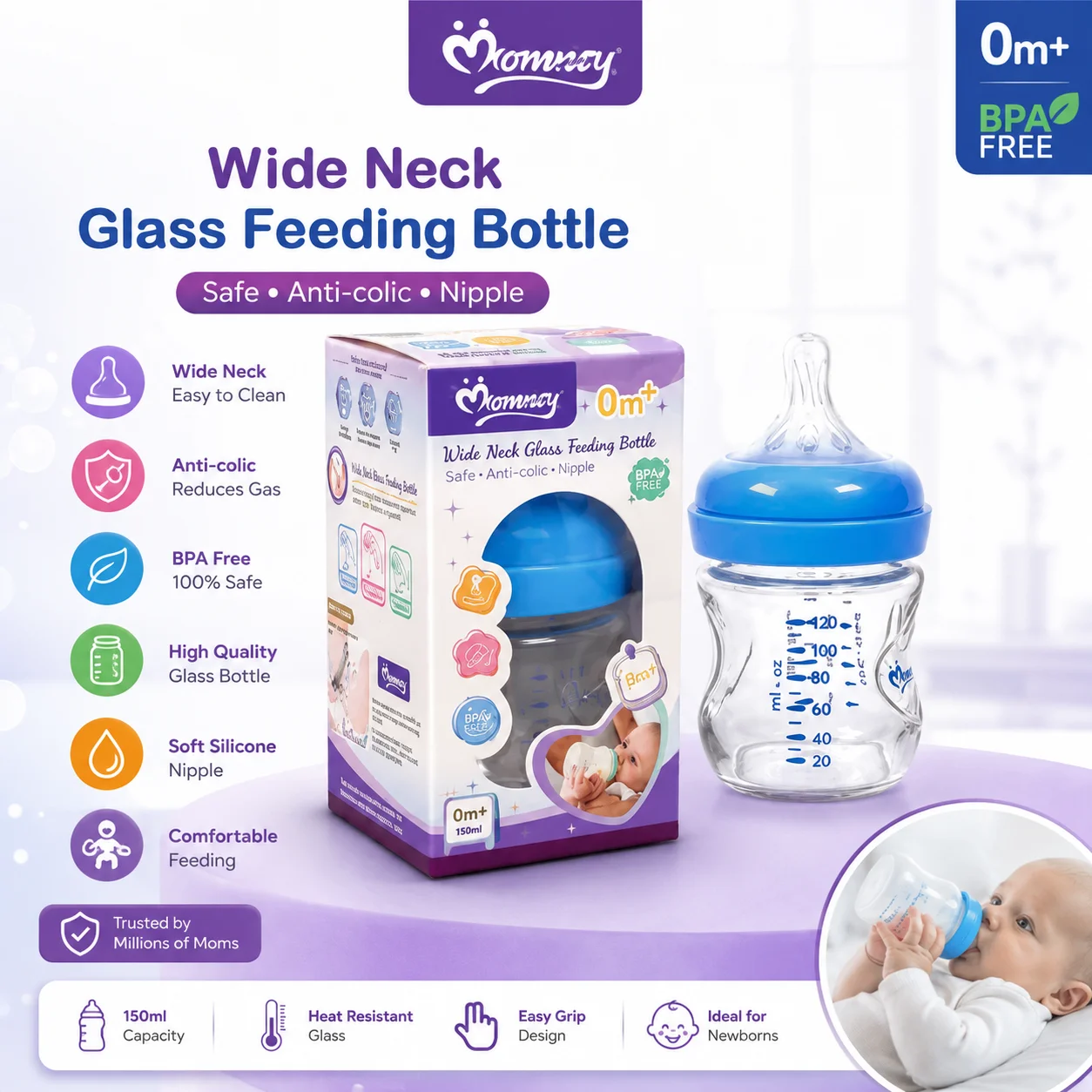 Morocare Wide Neck Glass Feeding Bottle- 120ml