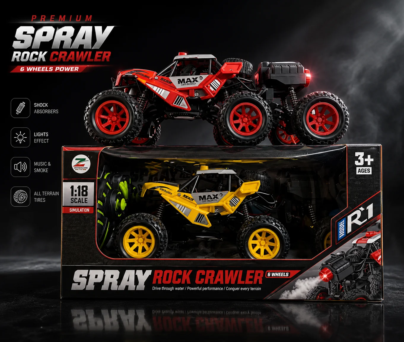 6-Wheel Spray Rock Crawler RC Car – Smoke, Music & Lights