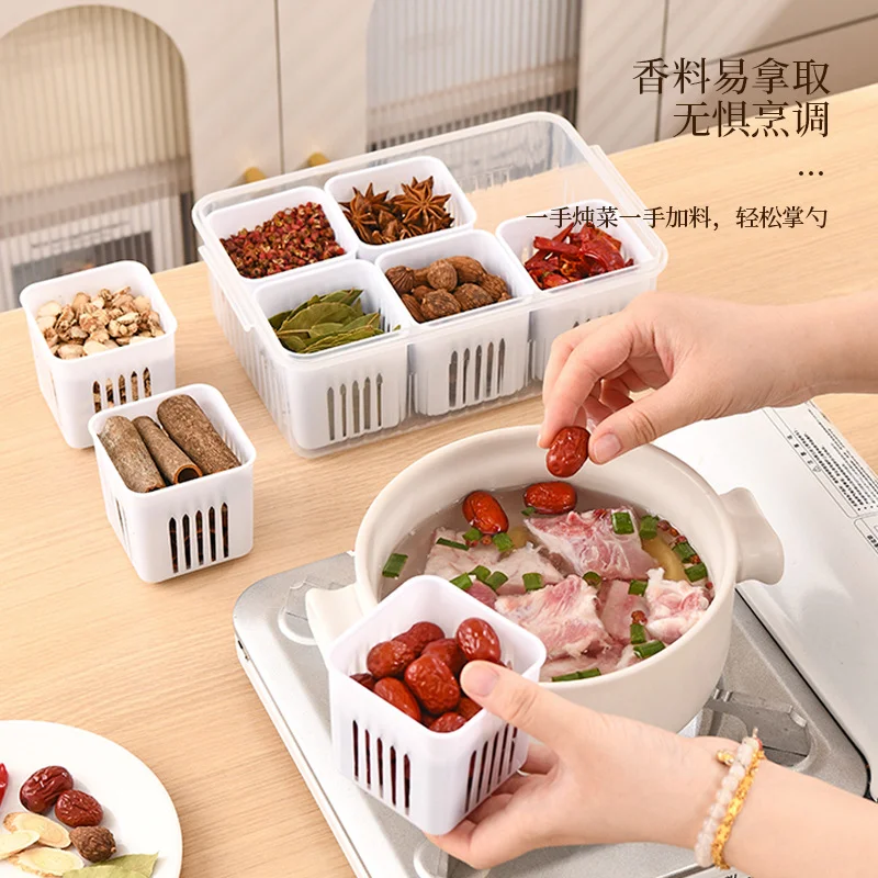 Square compartmentalized scallion and ginger storage box, kitchen scallion, ginger, and garlic storage box, drainable, household refrigerator fruit box