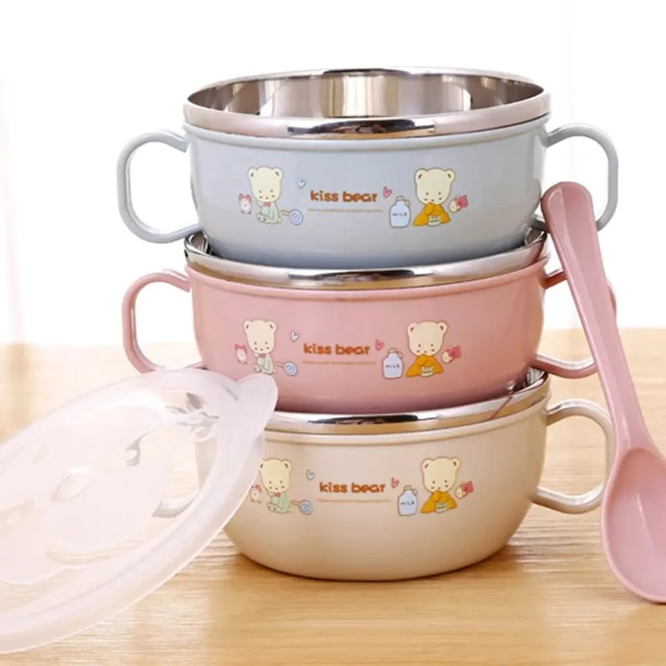 Baby Feeding Bowl with Lid & Spoon – Stainless Steel Double-Layer Insulated Cartoon Food Bowl for Kids