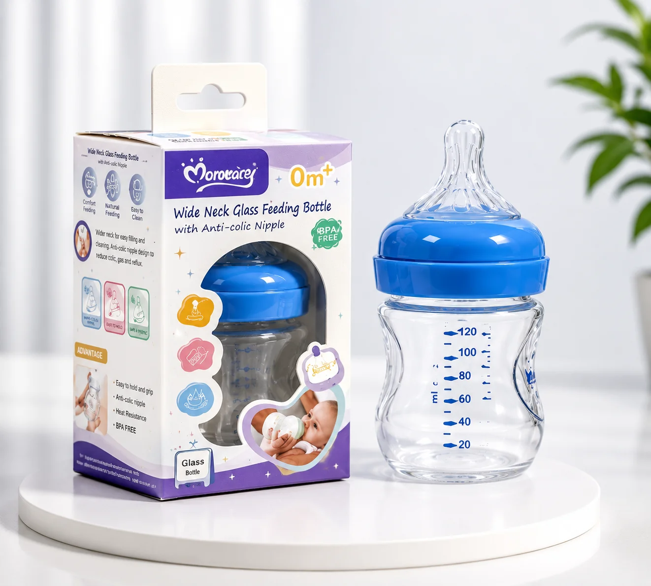 Morocare Wide Neck Glass Feeding Bottle- 120ml