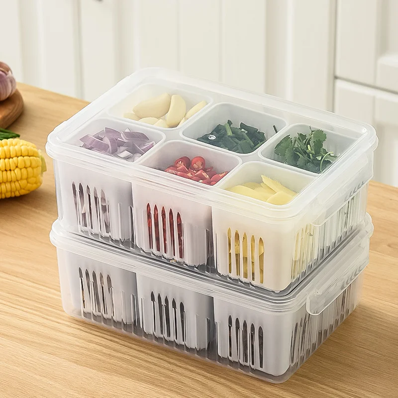Square compartmentalized scallion and ginger storage box, kitchen scallion, ginger, and garlic storage box, drainable, household refrigerator fruit box