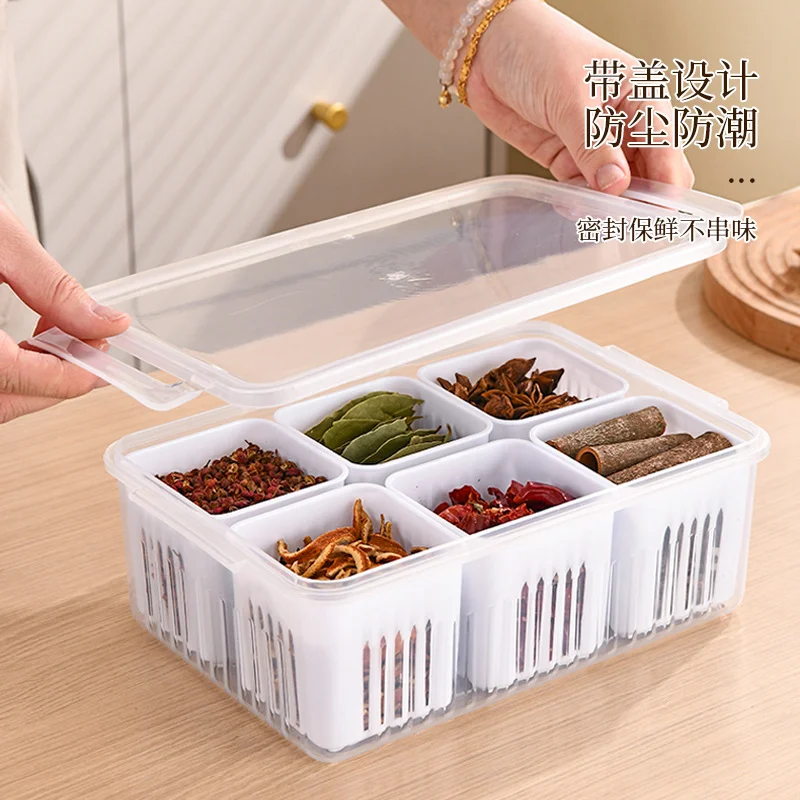 Square compartmentalized scallion and ginger storage box, kitchen scallion, ginger, and garlic storage box, drainable, household refrigerator fruit box