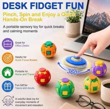 360° Rotating Fidget Ball Sensory Press and Spin Stress Relief Ball for Kids