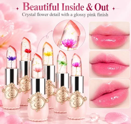 Crystal Flower Jelly Lipstick, Long Lasting Nutritious Lip Balm Lips Moisturizer Magic Temperature Color Change Lip Gloss, Small Gifts, Galentines Gifts, Valentines Day Gifts (Pink)