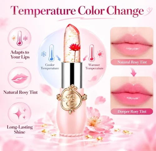 Crystal Flower Jelly Lipstick, Long Lasting Nutritious Lip Balm Lips Moisturizer Magic Temperature Color Change Lip Gloss, Small Gifts, Galentines Gifts, Valentines Day Gifts (Pink)